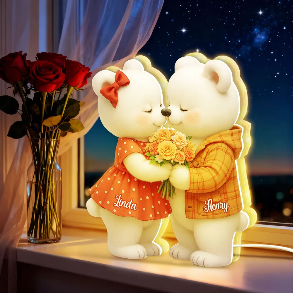 Personalized Acrylic Light Box with Kissing Bear Couple, Soft Warm Glow Romantic Bedroom Lamp, Unique Gift for Couples - Image 2