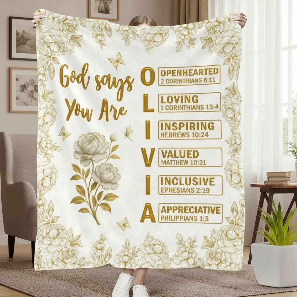 Custom Throw Blanket God Says You Are ... Bible Verse Affirmations with Gold Floral Design for Sofa Bed Unique Faith Gift