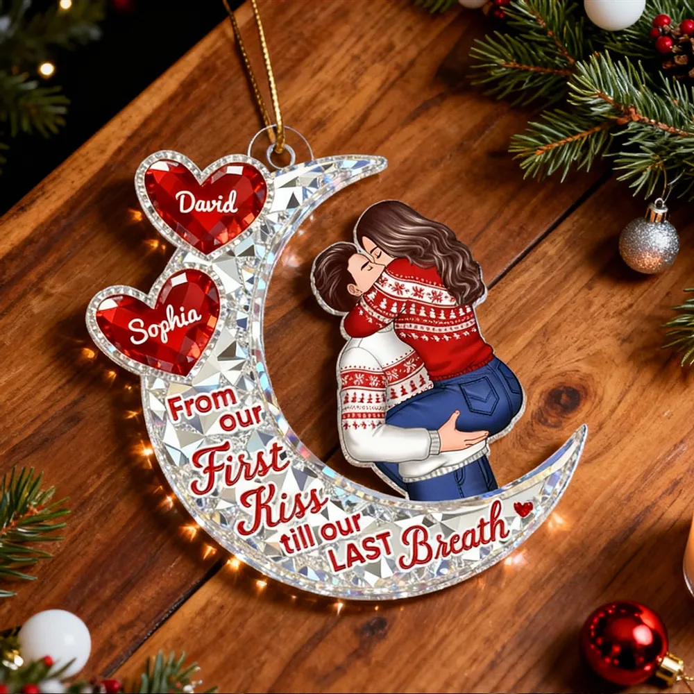 Custom Acrylic Ornament with Crescent Moon and Embracing Couple, Heartfelt From Our First Kiss Quote, Special Anniversary or Holiday Gift - Image 11