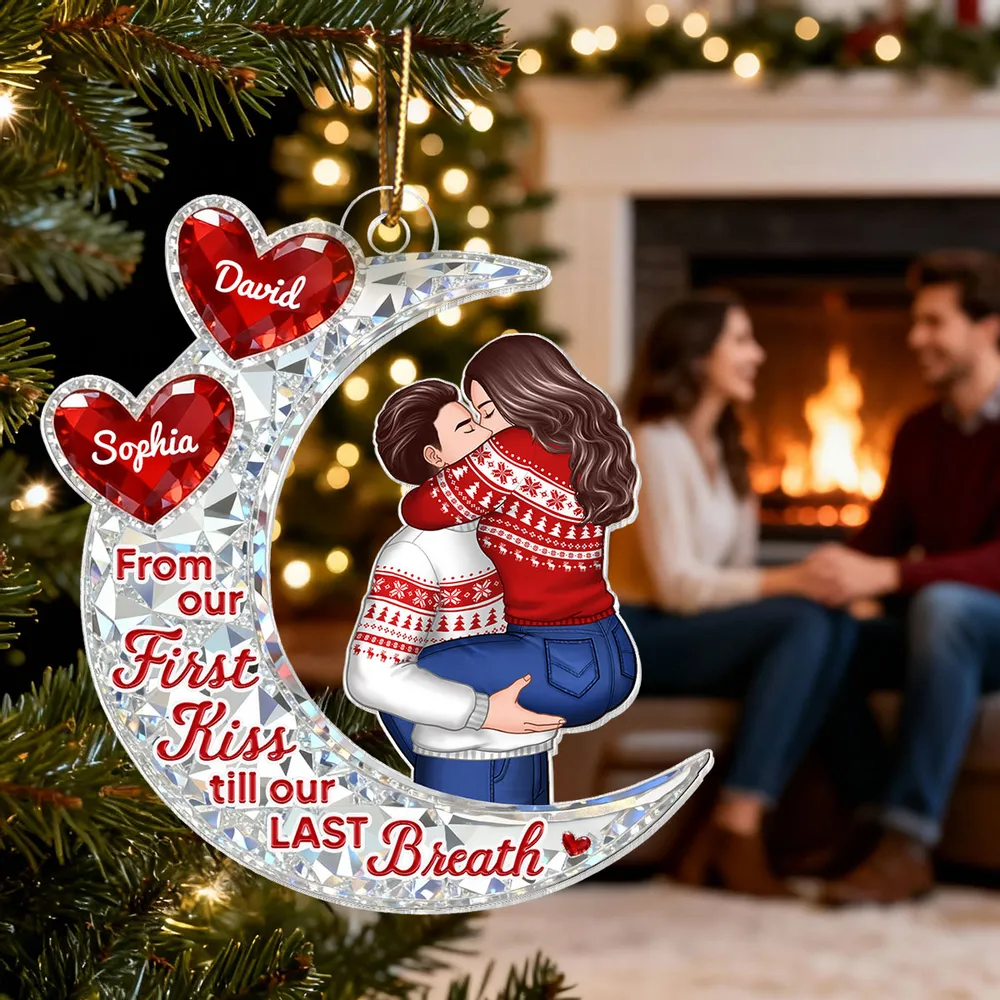 Custom Acrylic Ornament with Crescent Moon and Embracing Couple, Heartfelt From Our First Kiss Quote, Special Anniversary or Holiday Gift - Image 12