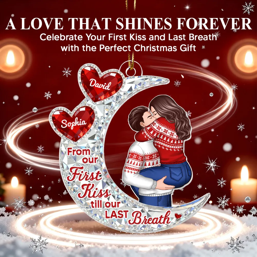 Custom Acrylic Ornament with Crescent Moon and Embracing Couple, Heartfelt From Our First Kiss Quote, Special Anniversary or Holiday Gift - Image 8