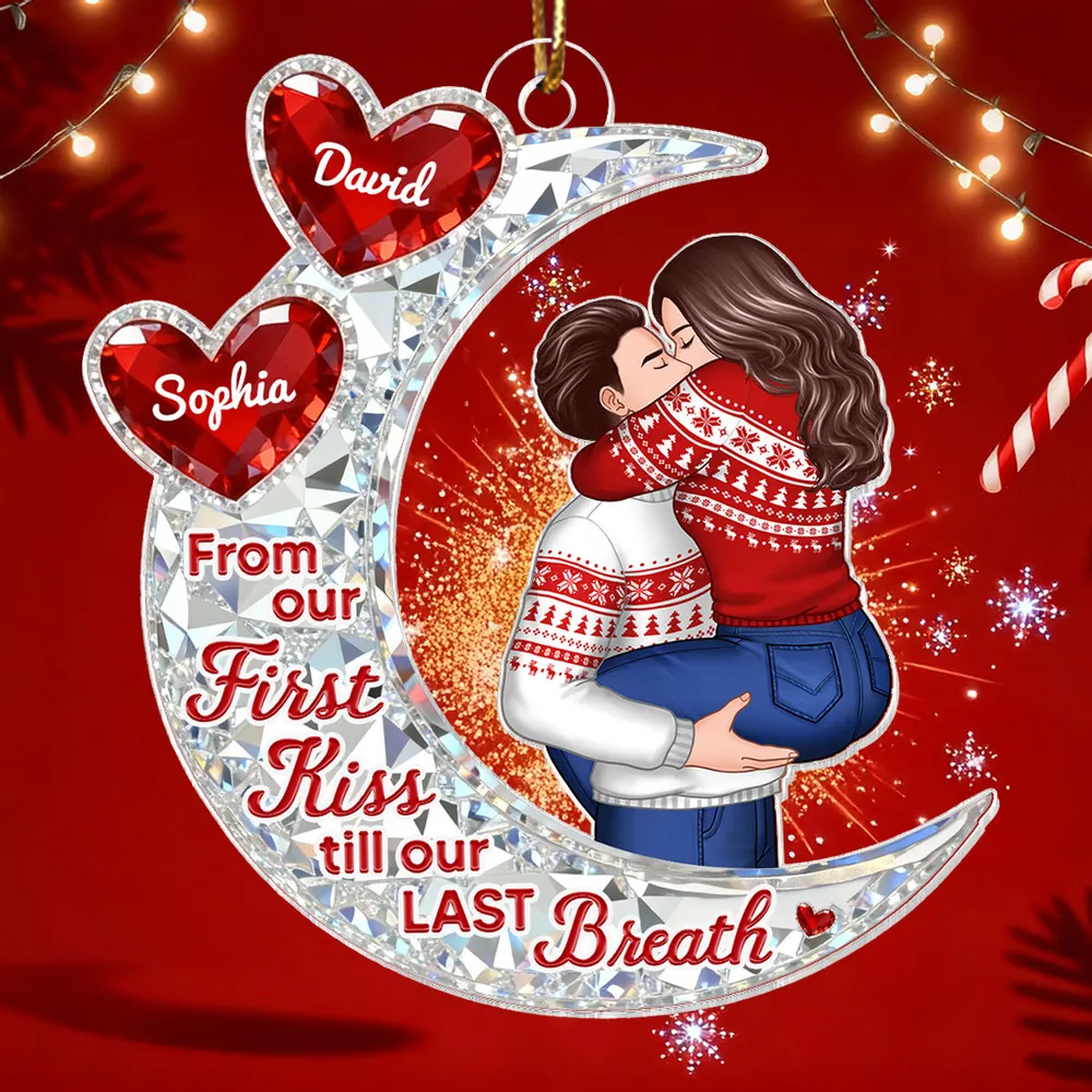 Custom Acrylic Ornament with Crescent Moon and Embracing Couple, Heartfelt From Our First Kiss Quote, Special Anniversary or Holiday Gift - Image 9