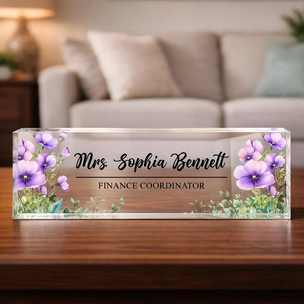 Personalized Rectangle Acrylic Block Plaque With Birth Flower Style Desk Decor, Unique Thank You Gift For Teacher Or Coworker