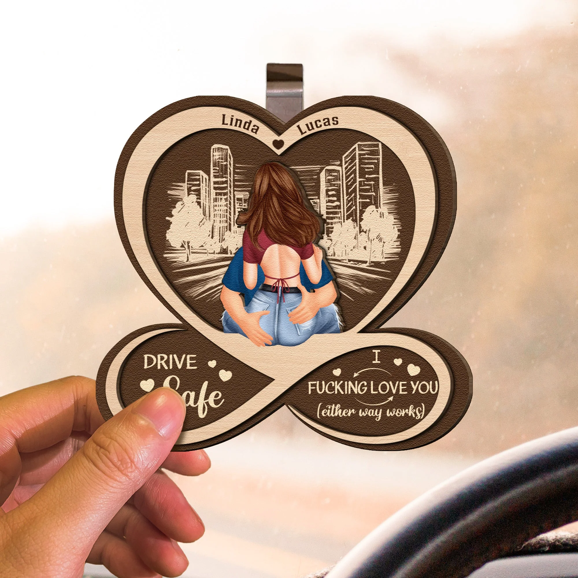 Drive Safe I F*Cking Love You Personalized Car Visor Clip, City Hug Illustration in Warm Neutrals, Funny Romantic Gift for Couples - Image 3