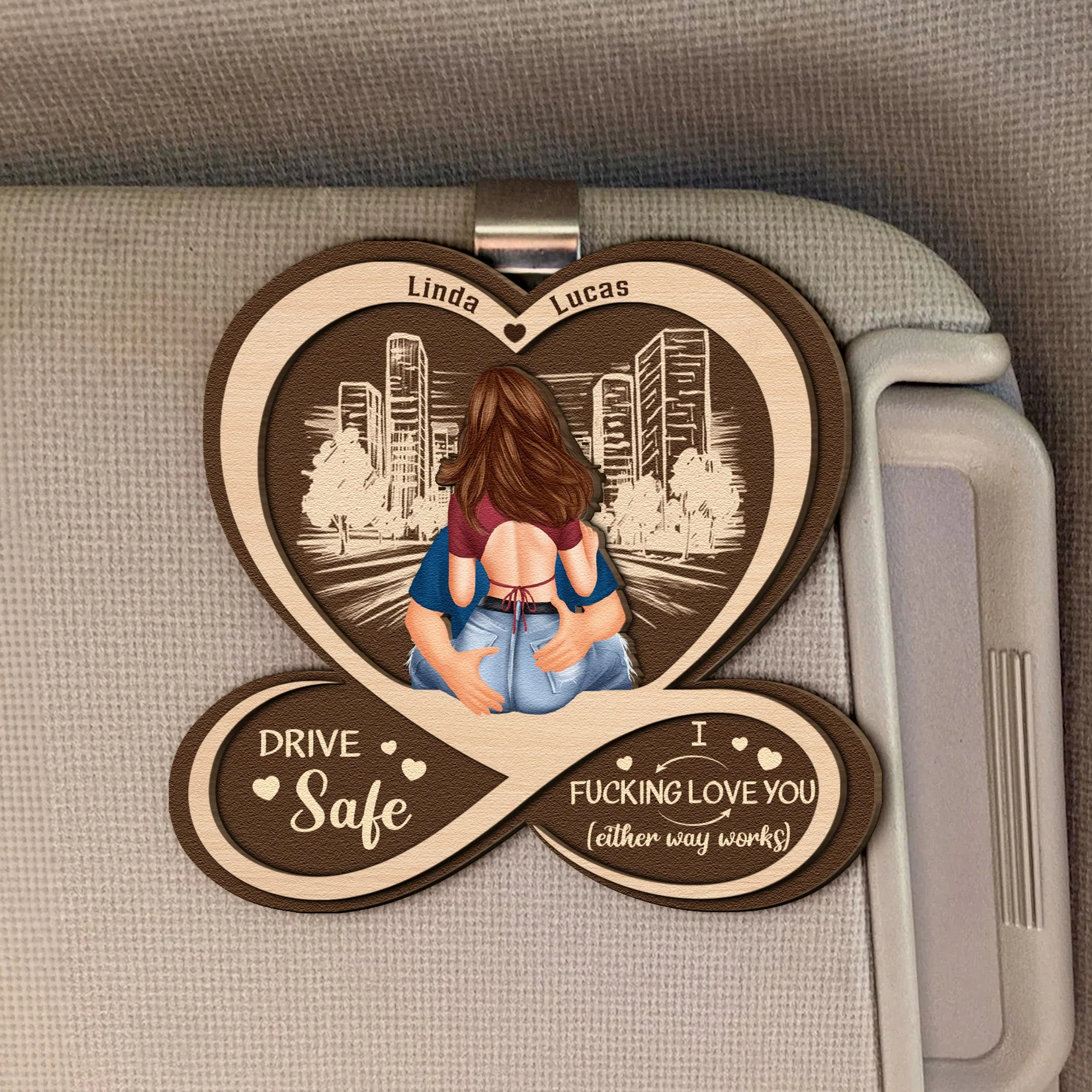 Drive Safe I F*Cking Love You Personalized Car Visor Clip, City Hug Illustration in Warm Neutrals, Funny Romantic Gift for Couples - Image 5
