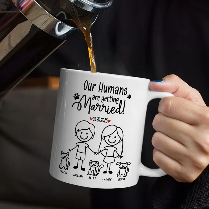 Personalized Ceramic Mug Our Humans Are Getting Married Stick Figure Couple Holding Hands Cute Pet Paws Unique Gift - Image 6
