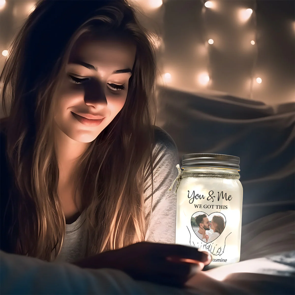 Personalized Glass Mason Jar Light with Your Photo You & Me We Got This Romantic Glow Keepsake Gift for Couple - Image 3