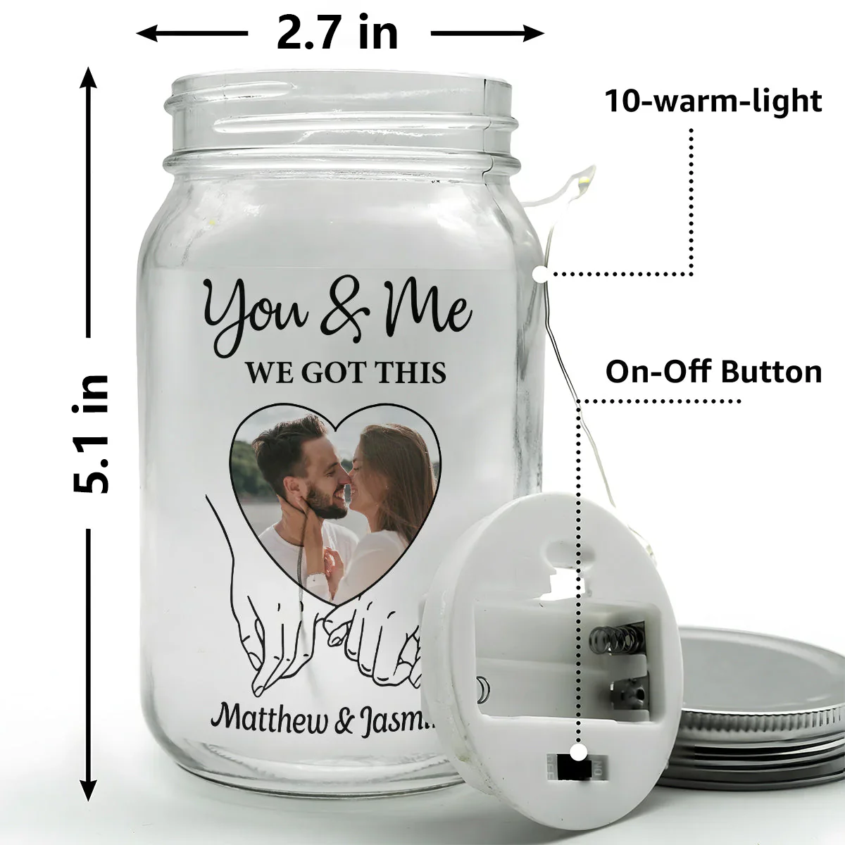 Personalized Glass Mason Jar Light with Your Photo You & Me We Got This Romantic Glow Keepsake Gift for Couple - Image 5