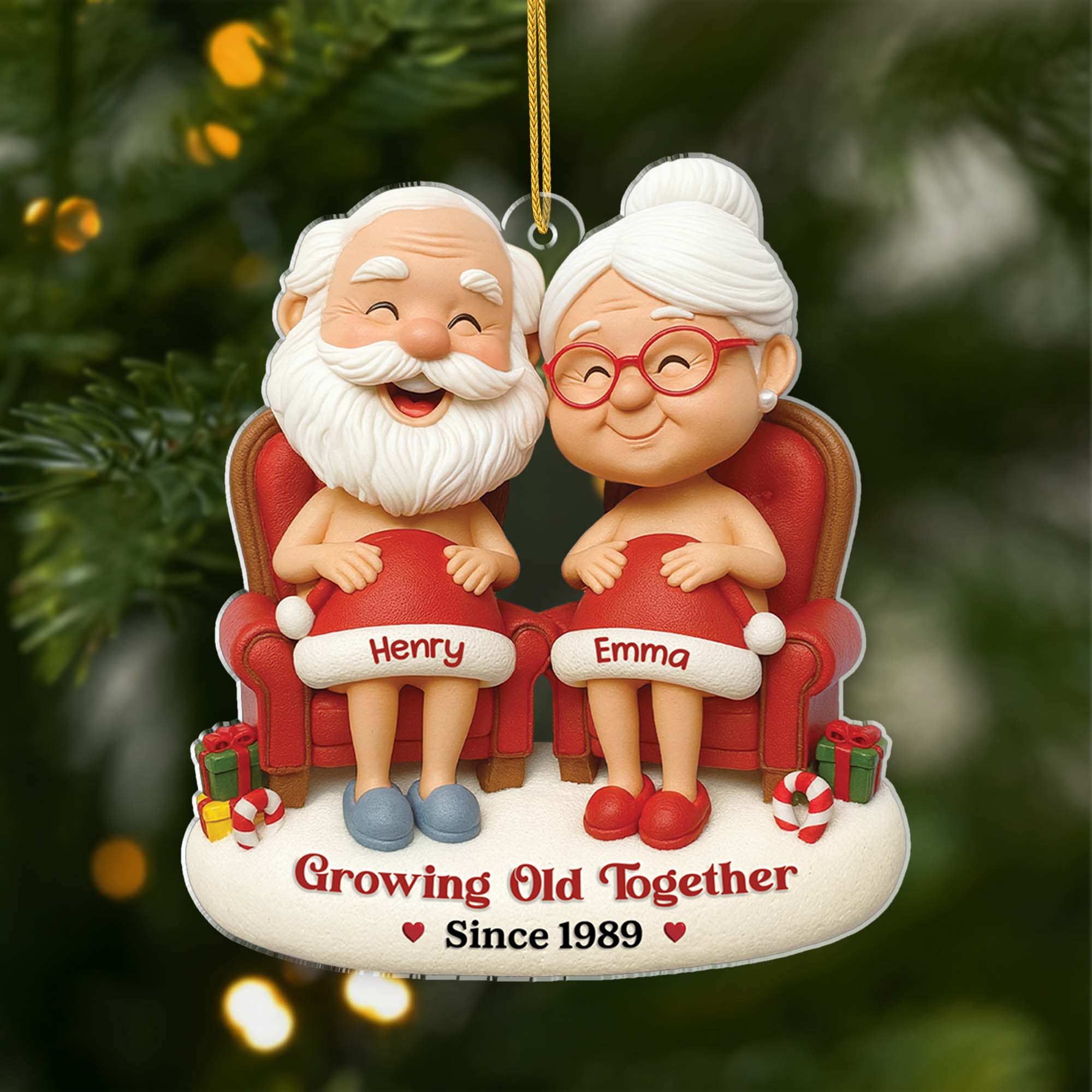 Personalized Acrylic Ornament Cute Cartoon Elder Couple Sitting Together Christmas Tree Decor, Unique Gift for Couples - Image 2