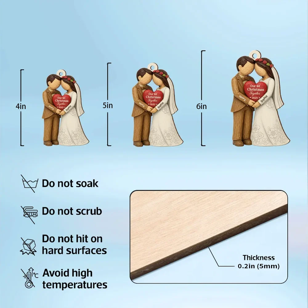 Wooden Ornament Personalized for Newlyweds, Handholding Bride and Groom Christmas Decor, Unique Gift for Couple - Image 4