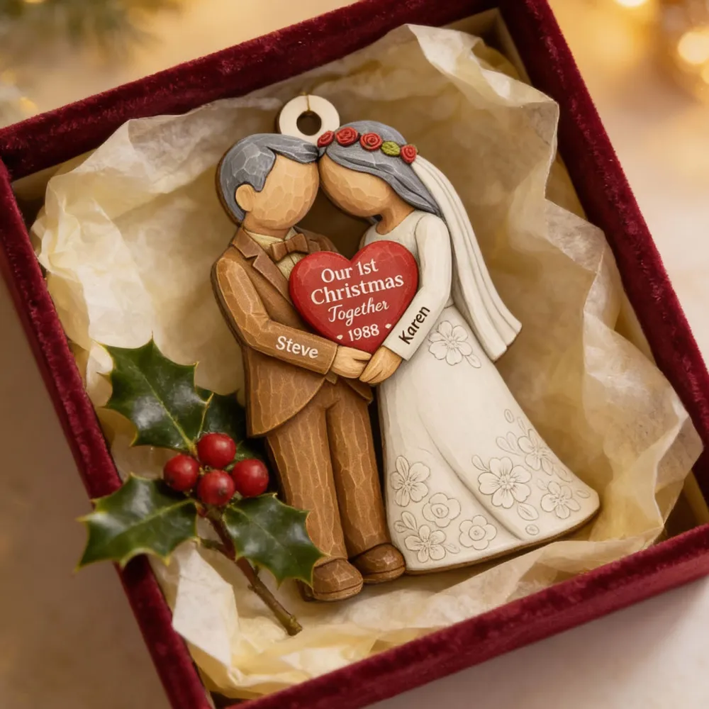 Wooden Ornament Personalized for Newlyweds, Handholding Bride and Groom Christmas Decor, Unique Gift for Couple - Image 5