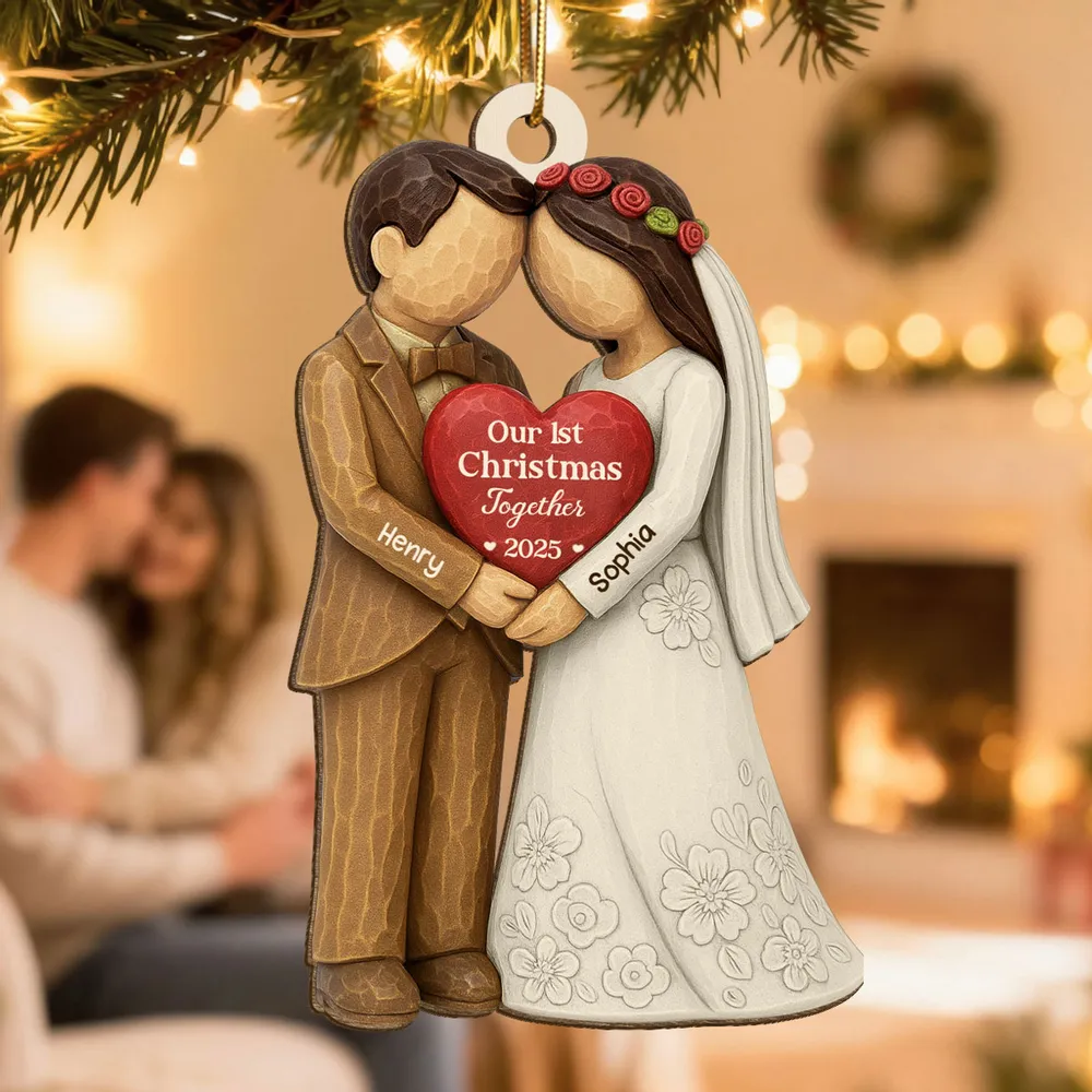 Wooden Ornament Personalized for Newlyweds, Handholding Bride and Groom Christmas Decor, Unique Gift for Couple - Image 7