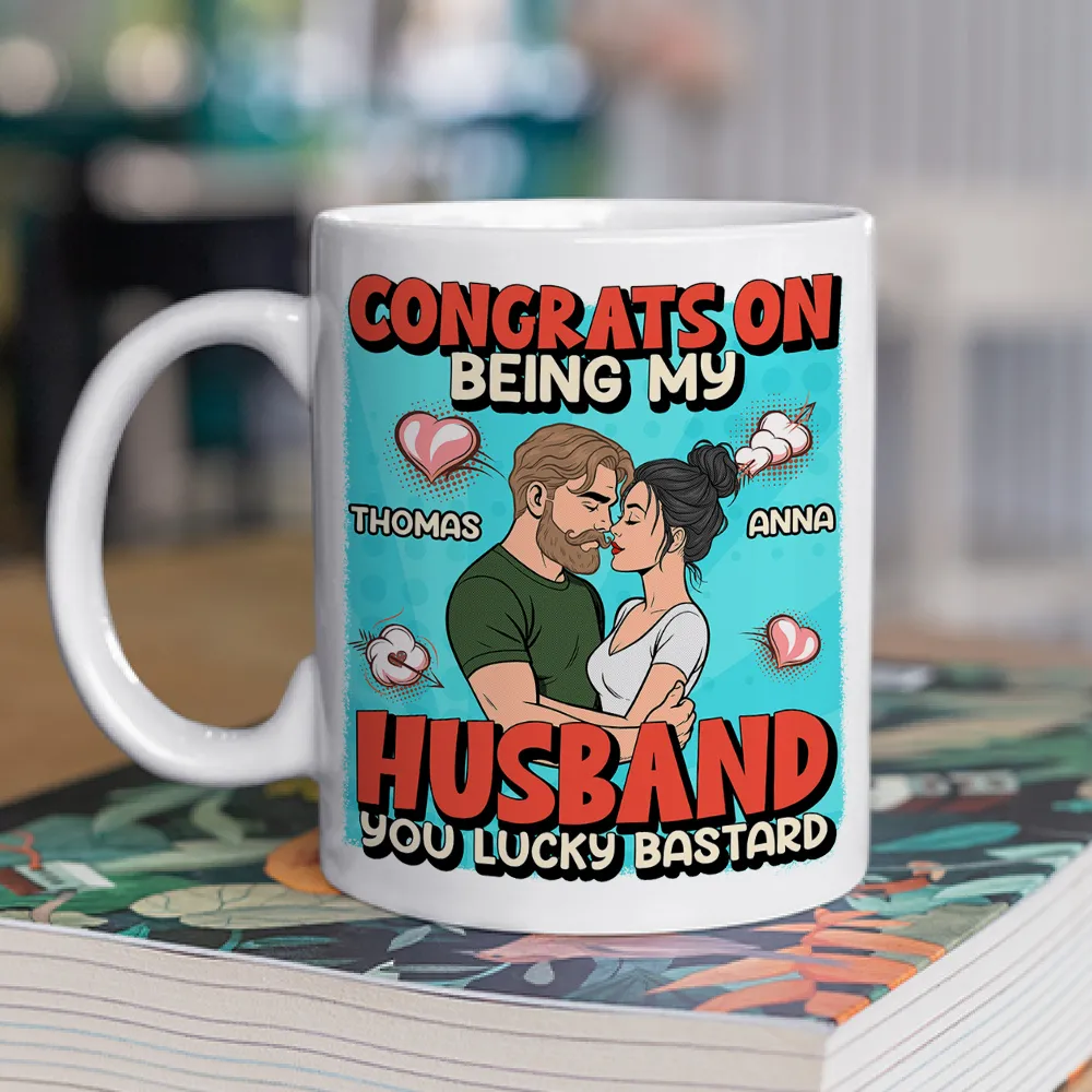 Personalized Ceramic Mug Congrats On Being My Husband Cute Cartoon Couple Hugging Funny Unique Gift For Him - Image 6