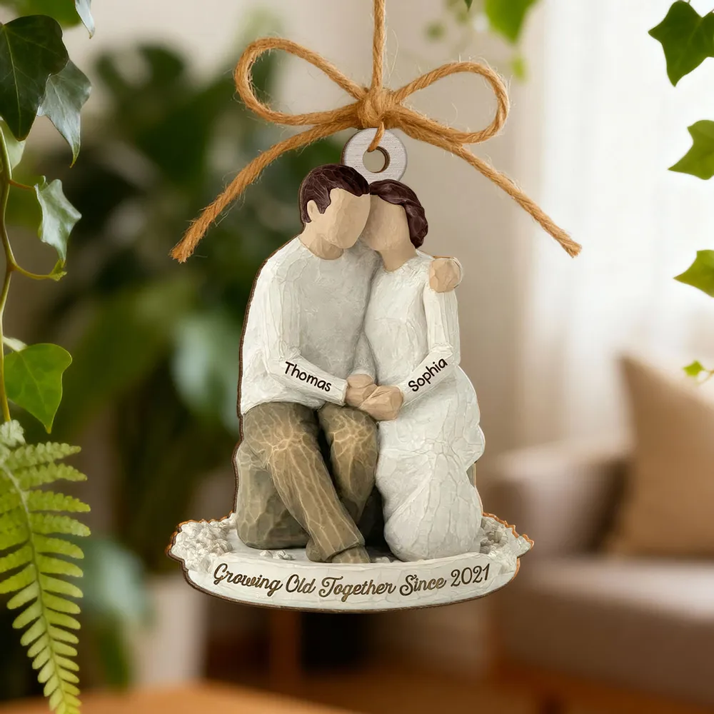 Custom Romantic Wooden Ornament with Cuddling Couple, Cozy Holiday Tree Decoration, Meaningful Unique Gift for Him & Her - Image 6