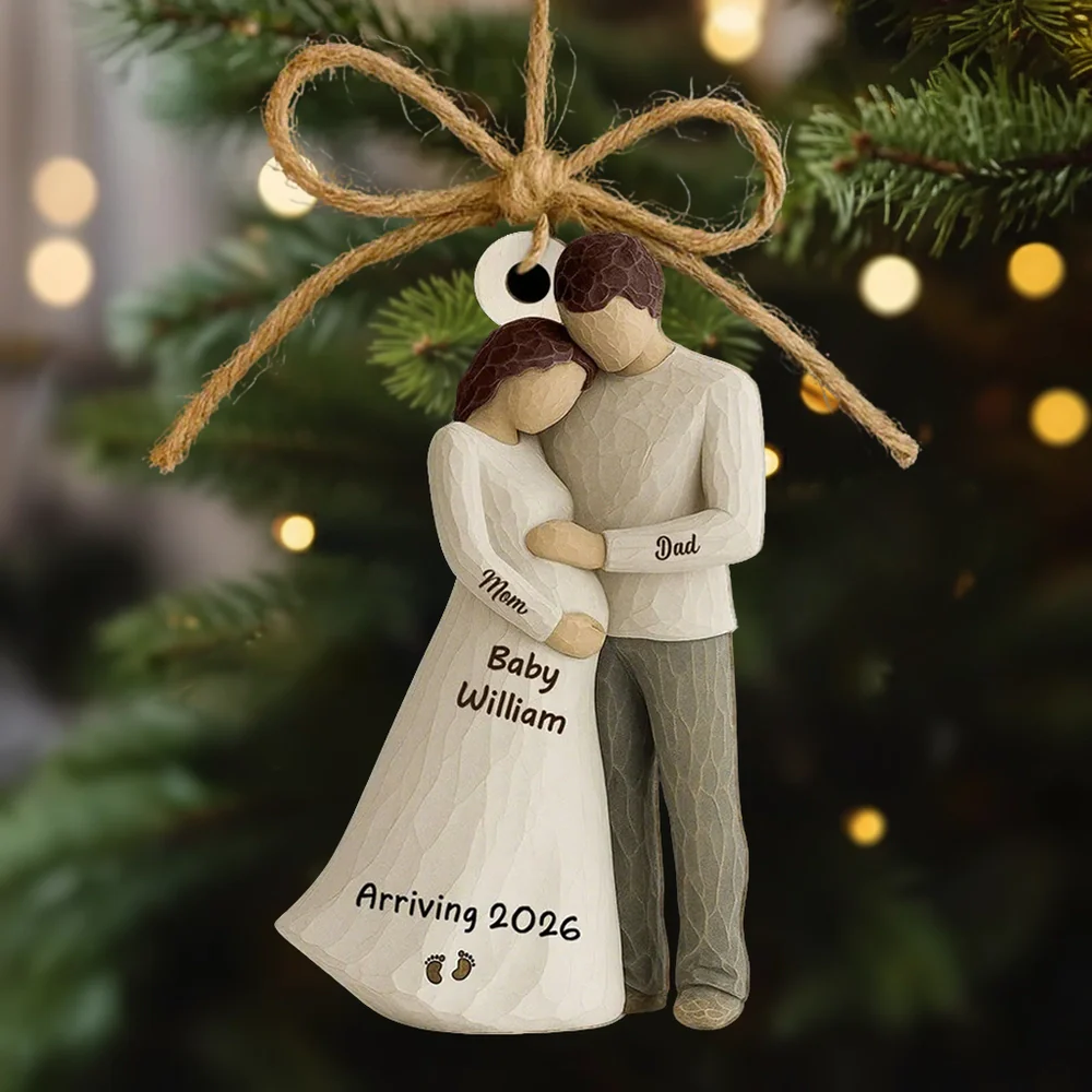 Wooden Ornament Sweet Expecting Family Hug Design, Personalized Nursery Decor Keepsake, Unique Holiday Gift for Parents
