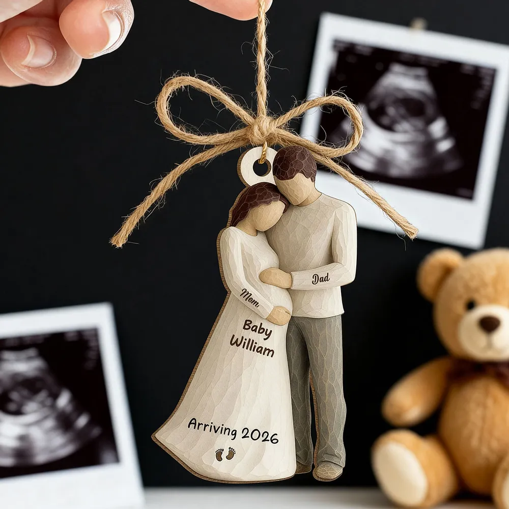 Wooden Ornament Sweet Expecting Family Hug Design, Personalized Nursery Decor Keepsake, Unique Holiday Gift for Parents - Image 8