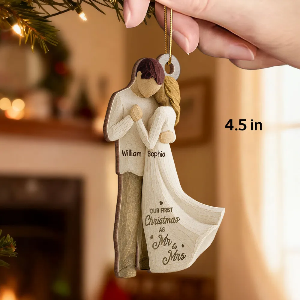 Romantic Wooden Ornament Personalized for a Couple, Sweet Hugging Design with Warm Neutrals, Unique Gift for Partner - Image 2