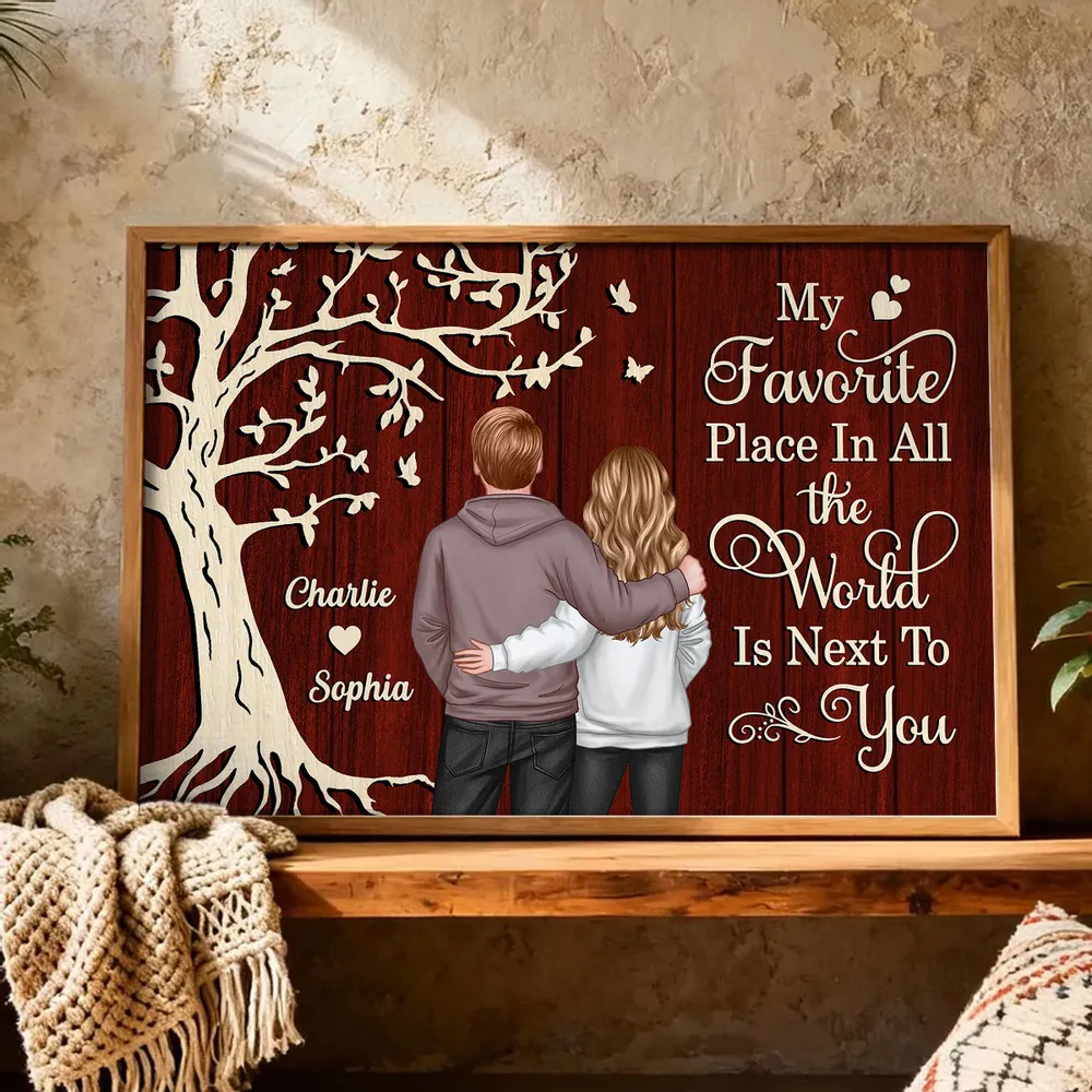 Romantic Personalized Poster Couple by Tree, My Favorite Place in All the World Wall Decor, Heartwarming Unique Gift for Couples - Image 2