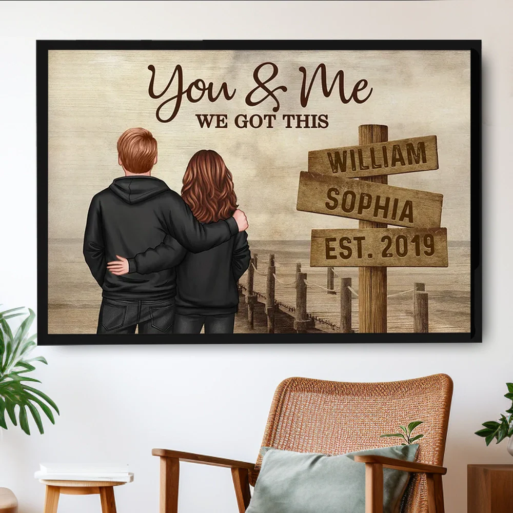 Custom Street Sign Couple Poster, Cozy Sunset Boardwalk Scene Wall Art, Thoughtful Gift For Husband Or Wife
