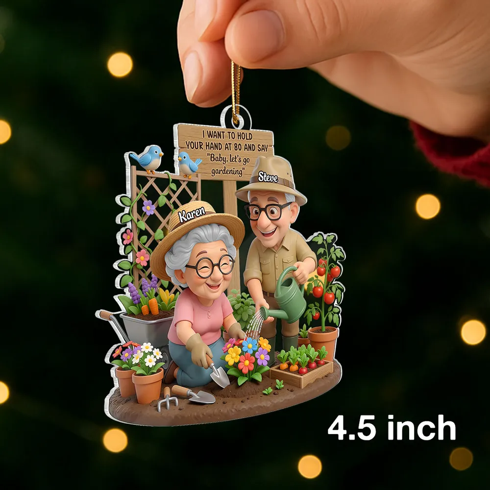 Acrylic Ornament 'Baby, let's go gardening' Sweet Old Couple Garden Scene Keepsake Unique Christmas Gift for Him & Her - Image 2