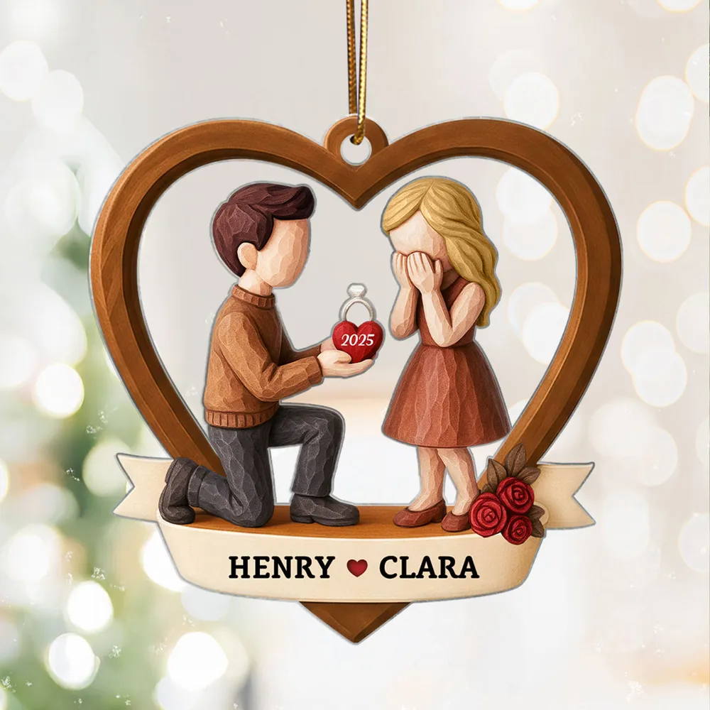 Personalized Couple Proposal Acrylic Ornament, Kneeling Engagement Moment in Heart Frame, Unique Romantic Gift