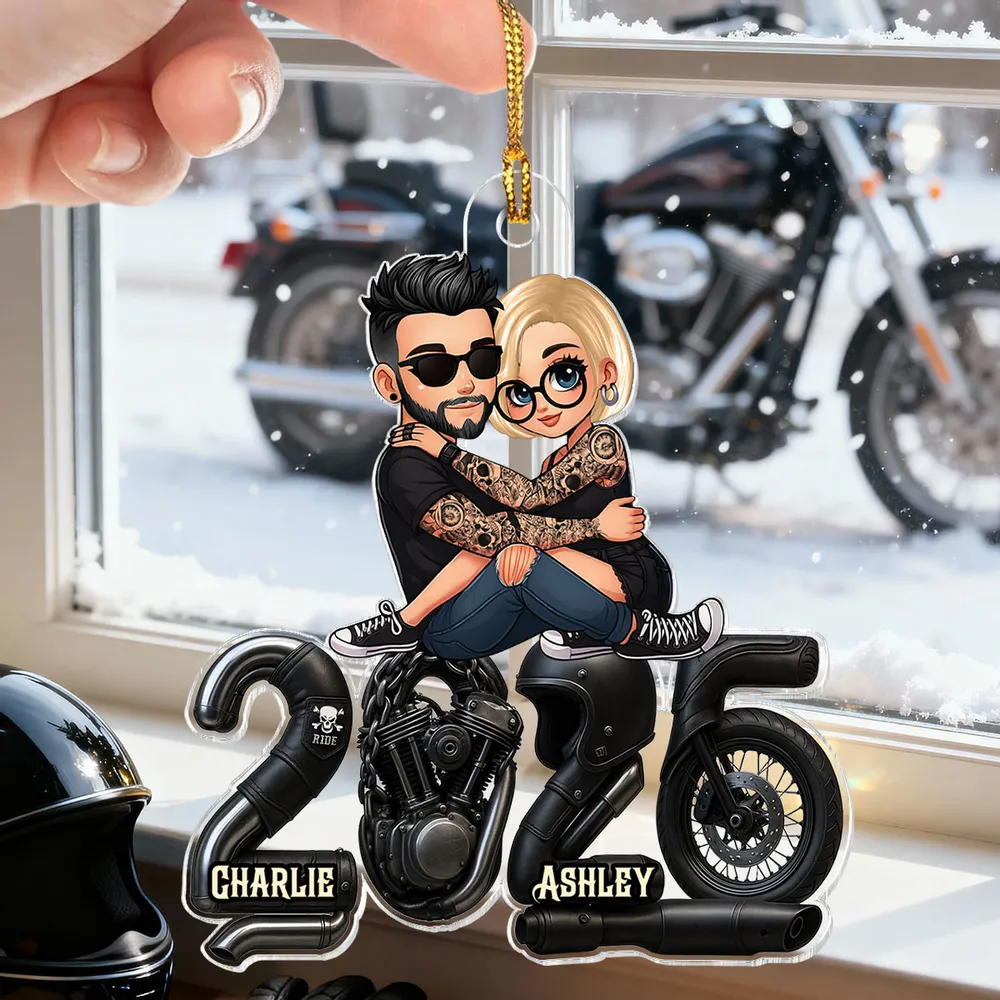 Cute Romantic Acrylic Ornament of a Hugging Biker Couple, Personalized Christmas Ornament, Sweet Unique Gift for Him or Her - Image 5