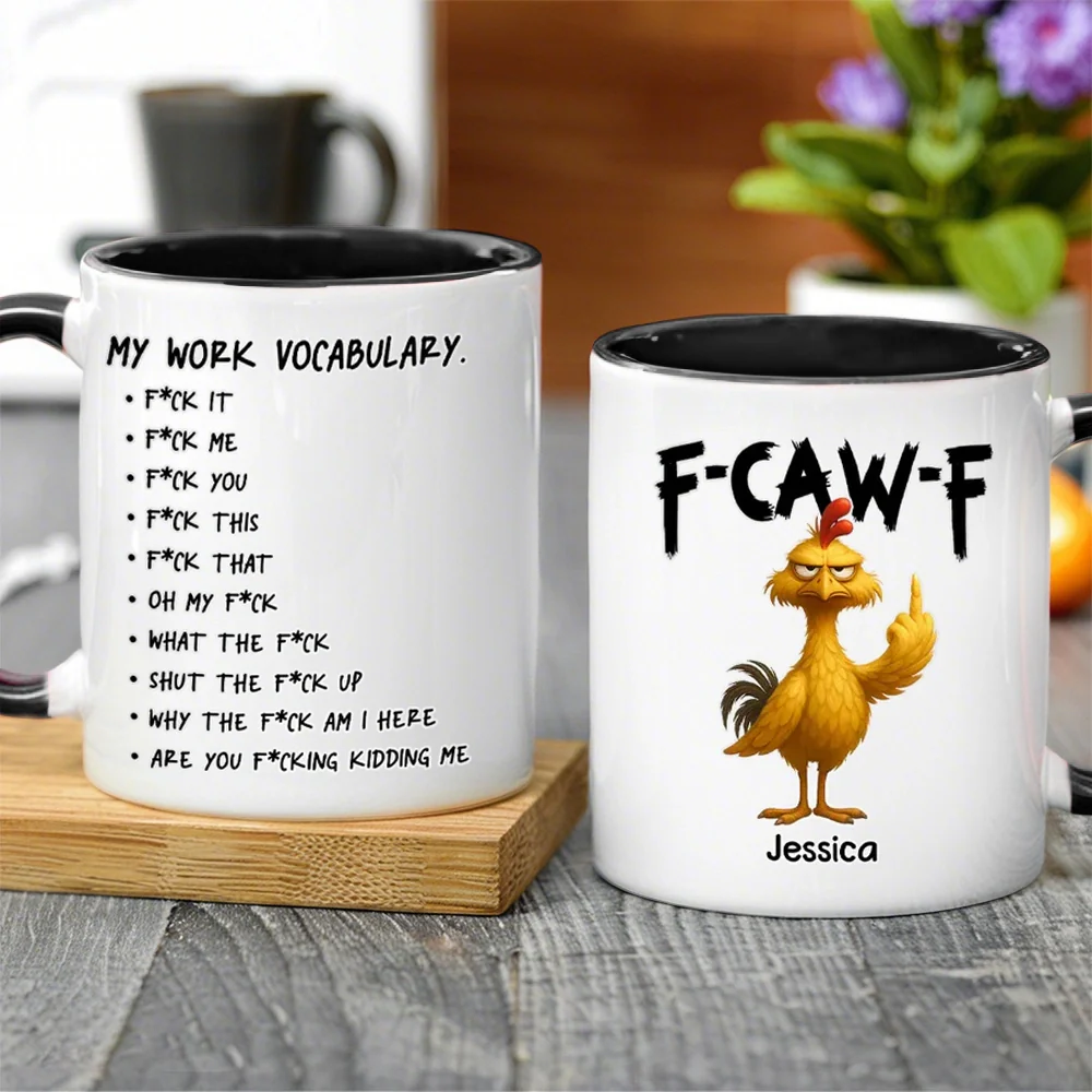 Funny Personalized Ceramic Mug with Grumpy Chicken and Work Vocabulary Quote, Creative Desk Gift for Coworkers - Image 3
