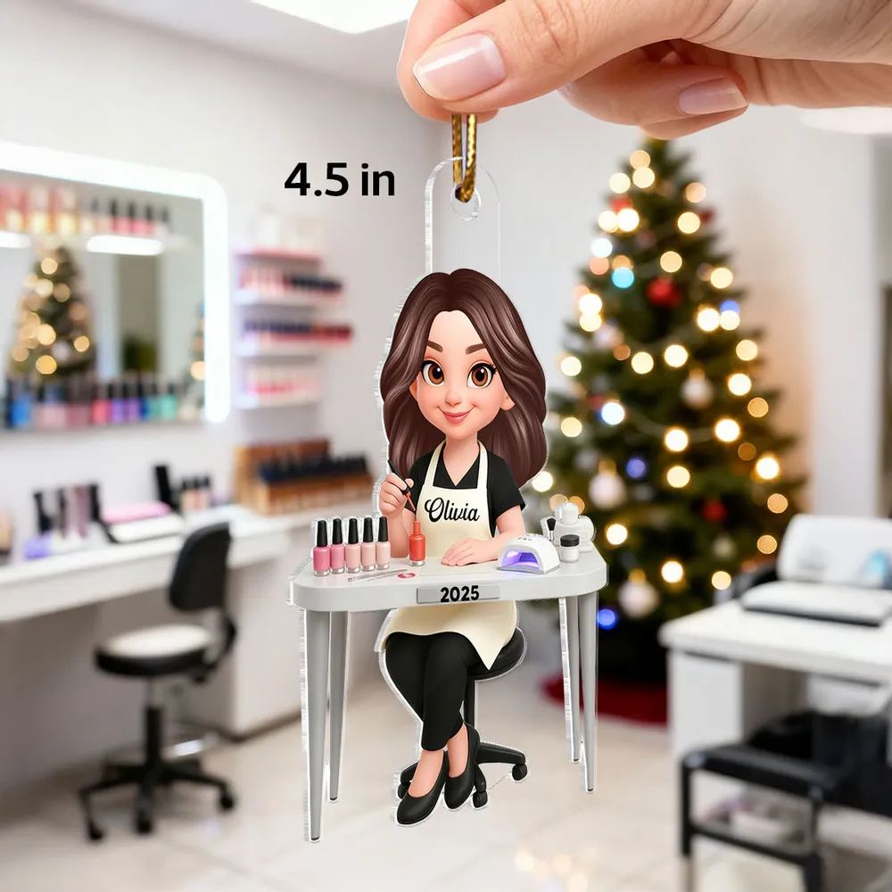 Personalized Acrylic Nail Tech Ornament, Cute Manicurist Desk Scene Keepsake Gift for Beauty Lovers - Image 6