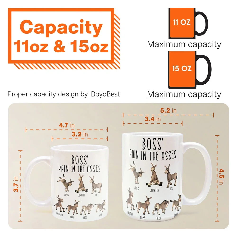 Boss' Pain in the Asses White Ceramic Mug, Personalized Office Humor Gift for Coworkers and Morning Coffee Smiles - Image 4