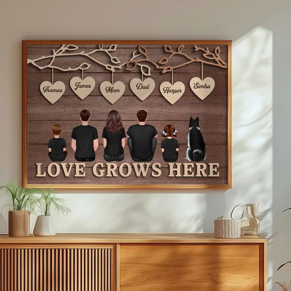 Personalized Family Tree Poster with Heart Name Tags, Rustic Wood Look Wall Art, Unique Gift for Mom Dad & Family - Image 2