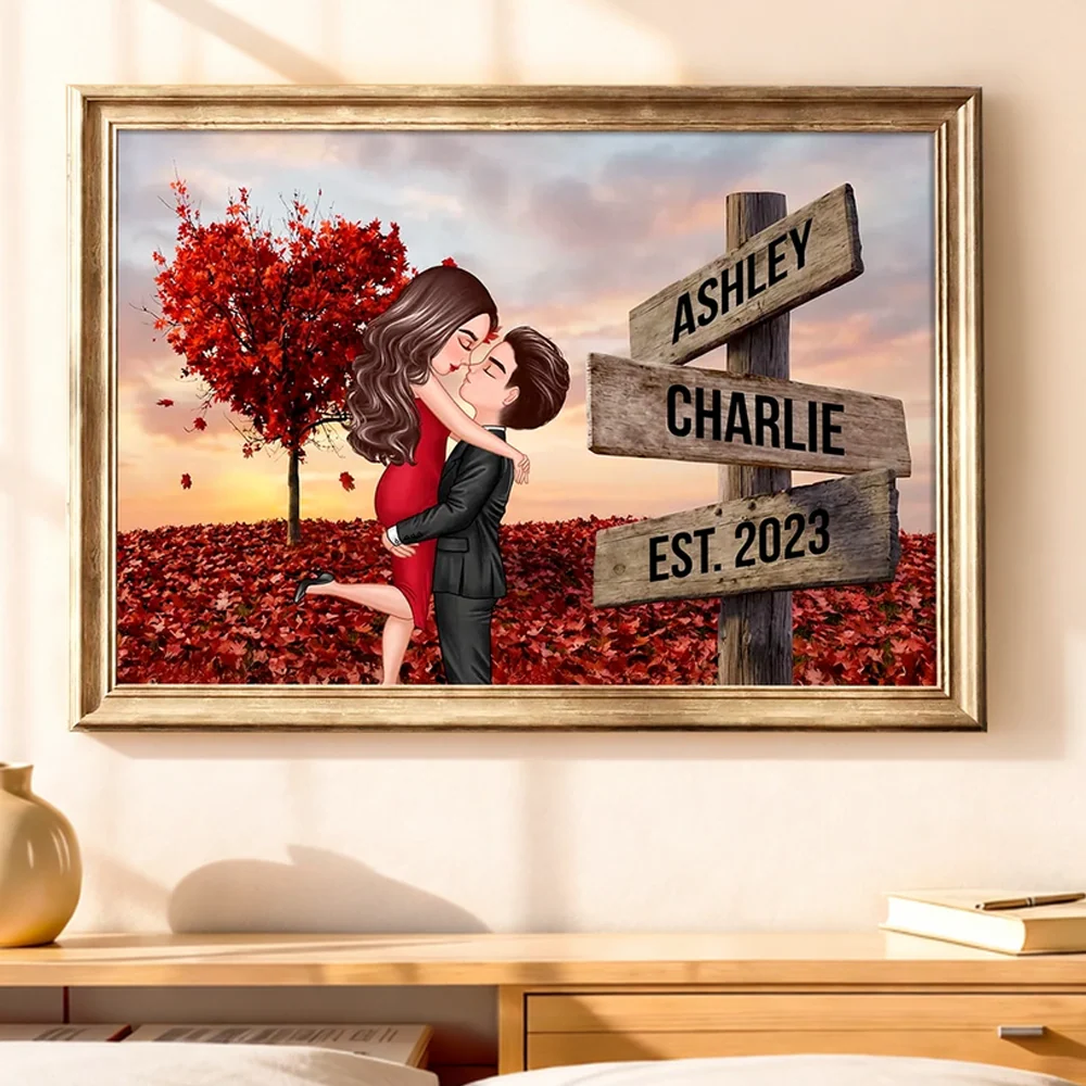 Personalized Couple Kissing Poster, Sunset Autumn Scene Wall Art, Unique Gift for Him or Her