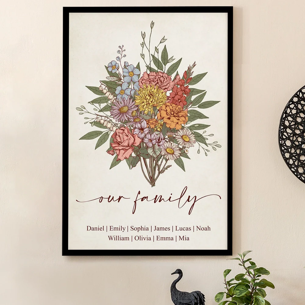 Personalized Birth Flower Bouquet Poster, Family Name Keepsake Wall Decor, Unique Gift For Mom or Grandma