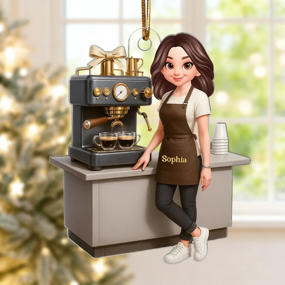 Custom Coffee Barista Acrylic Ornament With Espresso Machine Scene, Warm Holiday Decor, Creative Gift for Coffee Fans