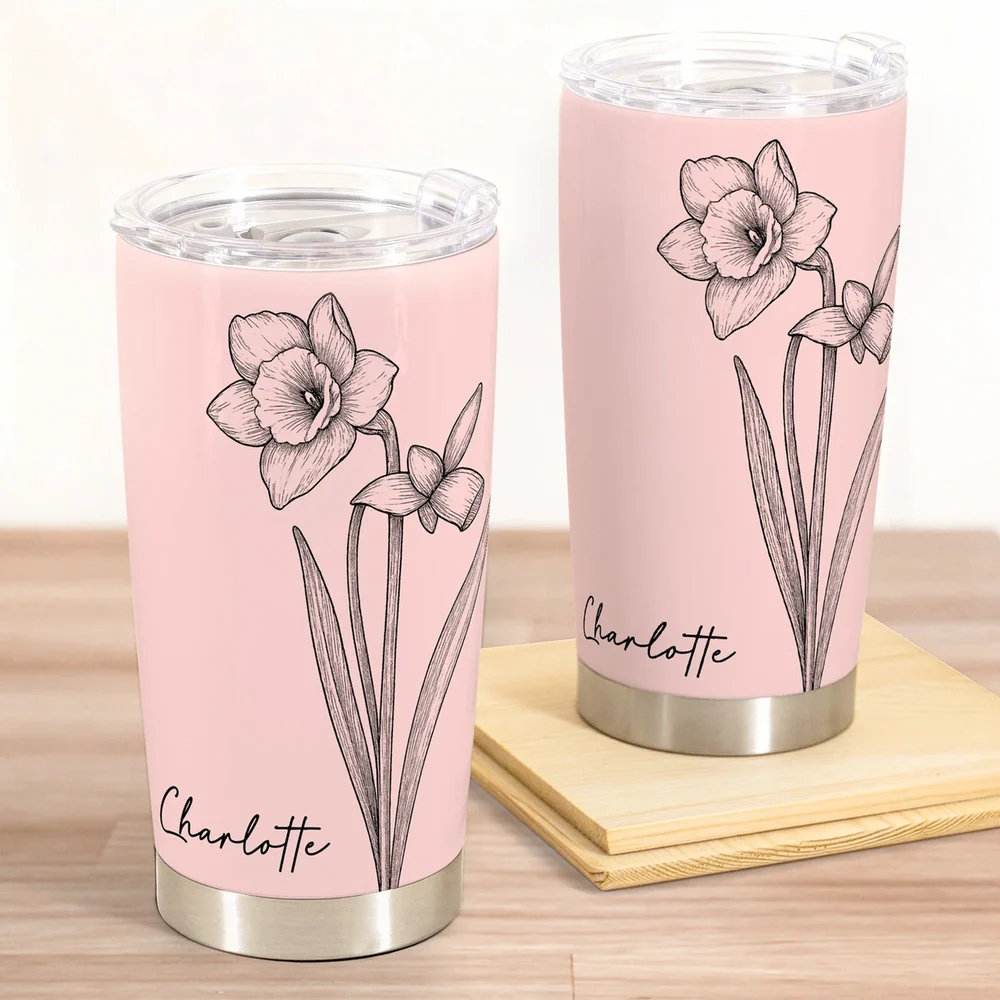 Personalized Birth Flower Insulated Travel Tumbler, Sleek Minimal Floral Line Art, Unique Gift for Friend Sister Coworker - Image 2