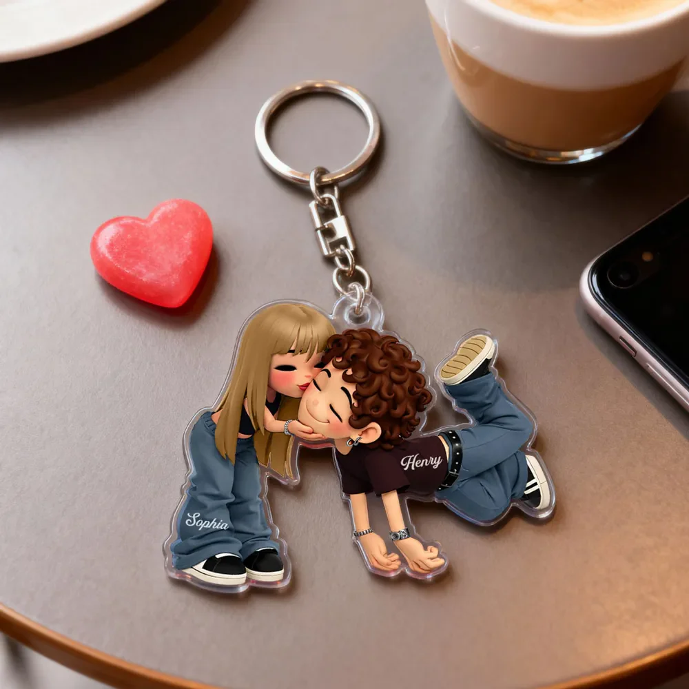 Personalized Romantic Cartoon Couple Acrylic Keychain - Cute Kissing Design - Unique Gift for Couples - Image 2