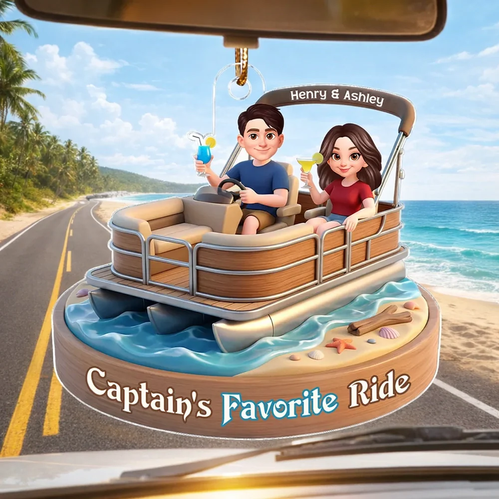 Acrylic Car Hanger Personalized Captain's Favorite Ride with Smiling Boat Couple, Cute Car Mirror Decor Gift for Couples