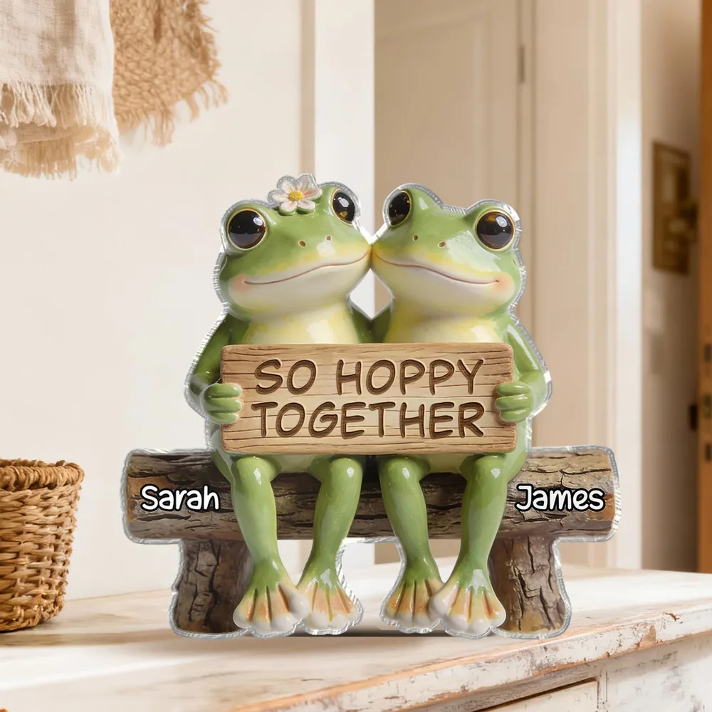Shaped Acrylic Block Plaque Personalized Love Keepsake, Sweet Frog Couple Bench Scene with 'So Hoppy Together', Thoughtful Gift - Image 5