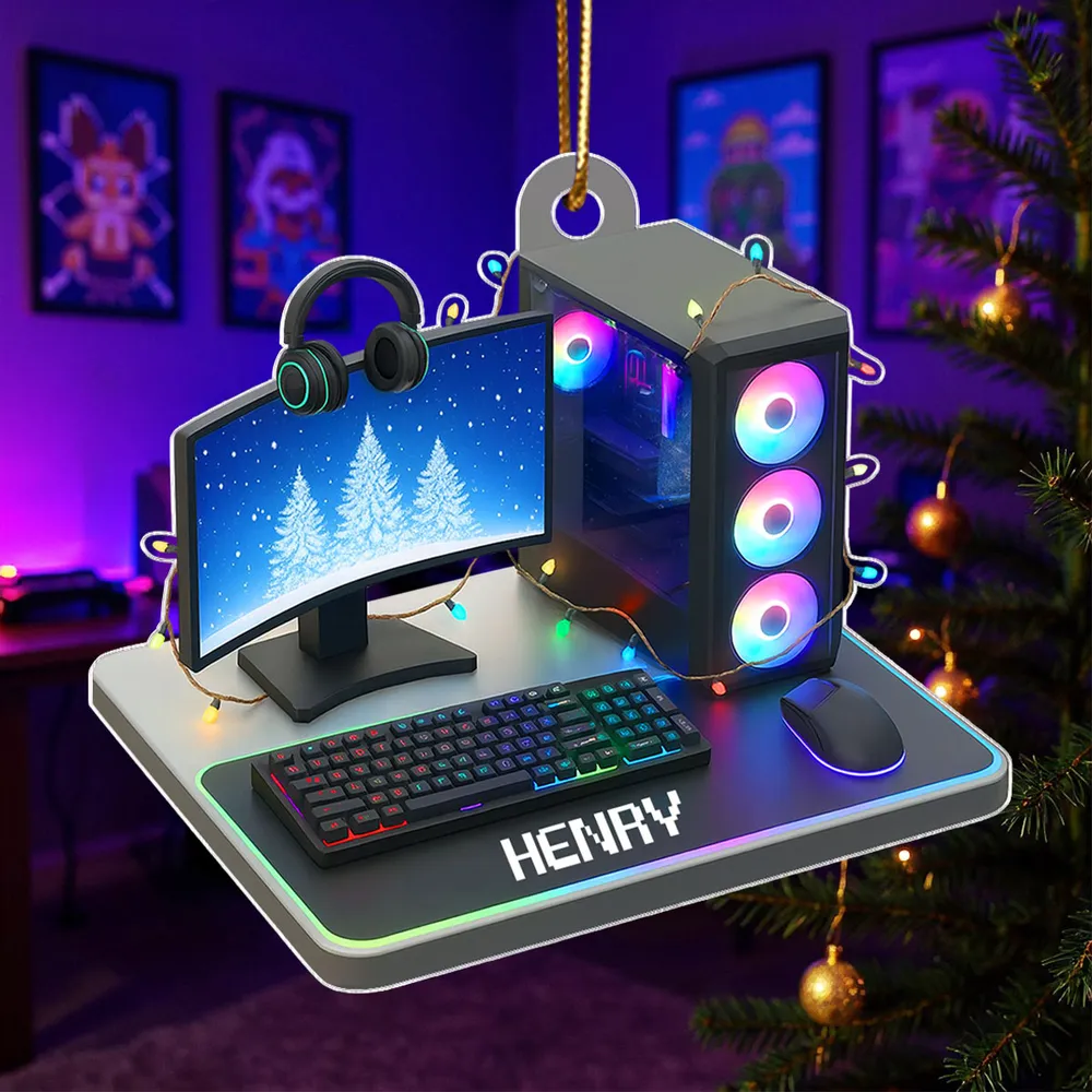 Custom Name Gaming Setup Acrylic Ornament with RGB PC & Keyboard, Cozy Holiday Decor, Creative Gift for Teen Gamer - Image 2