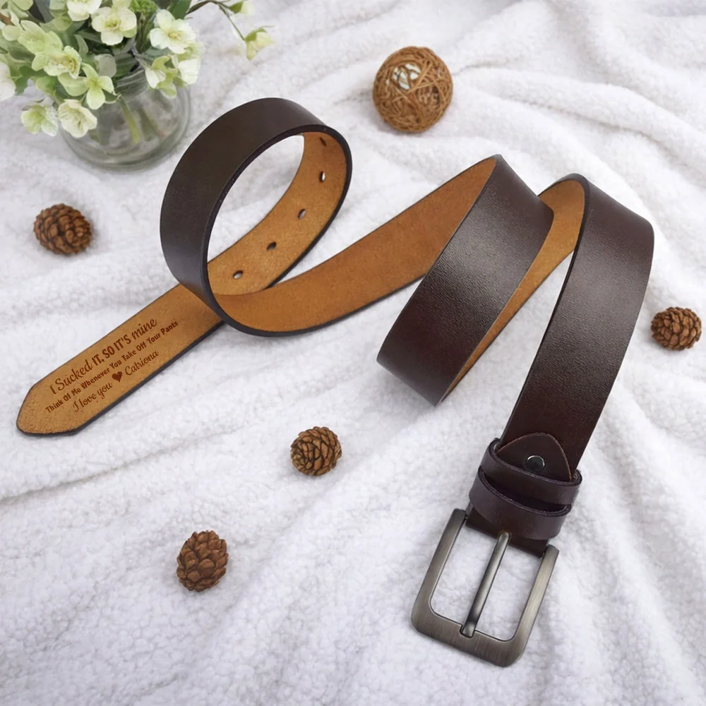 Personalized Leather Belt with Flirty Printed Message, Classic Brown Style, Unique Gift for Him or Your Partner - Image 3