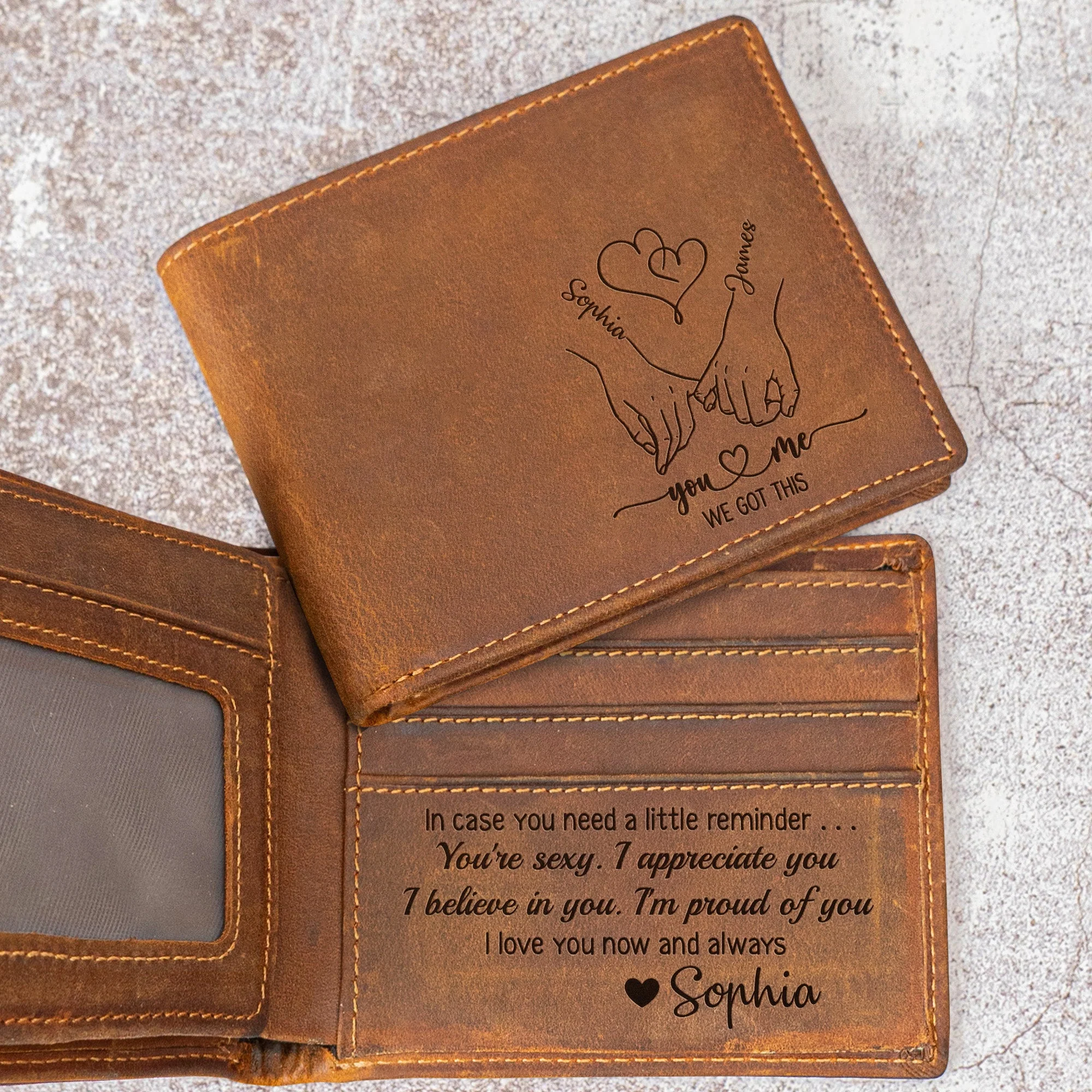 Personalized Cowhide Leather Wallet With Holding Hands Love Line Art Unique Romantic Gift For Boyfriend Or Husband - Image 3