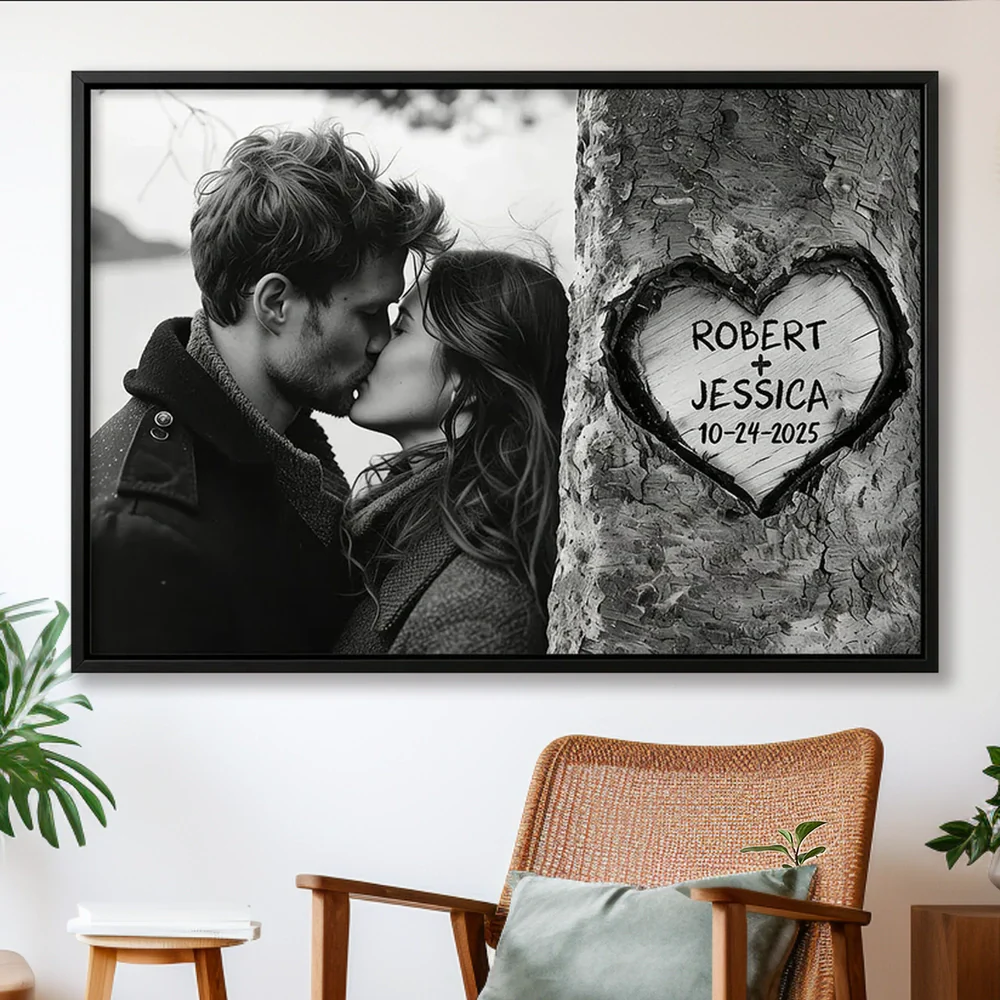 Personalized Couple Kissing Poster with Heart Carved Tree Design Romantic Wall Art, Unique Creative Gift for Him or Her