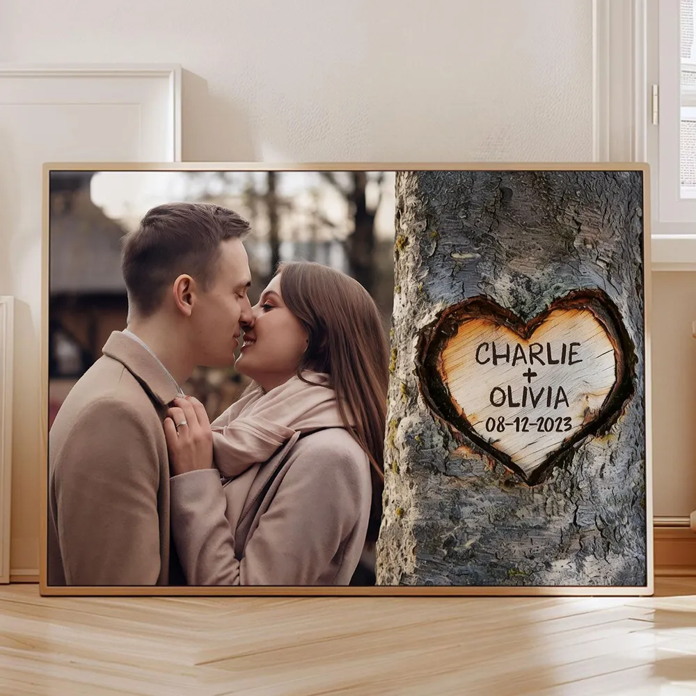 Personalized Couple Kissing Poster with Heart Carved Tree Design Romantic Wall Art, Unique Creative Gift for Him or Her - Image 2