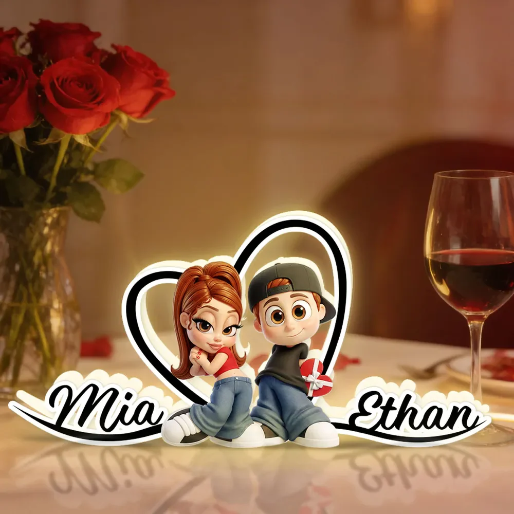 Personalized Couple Acrylic Light Box with Glowing Heart - Cute Cartoon Keepsake Nightstand Decor, Unique Gift for Couples - Image 2