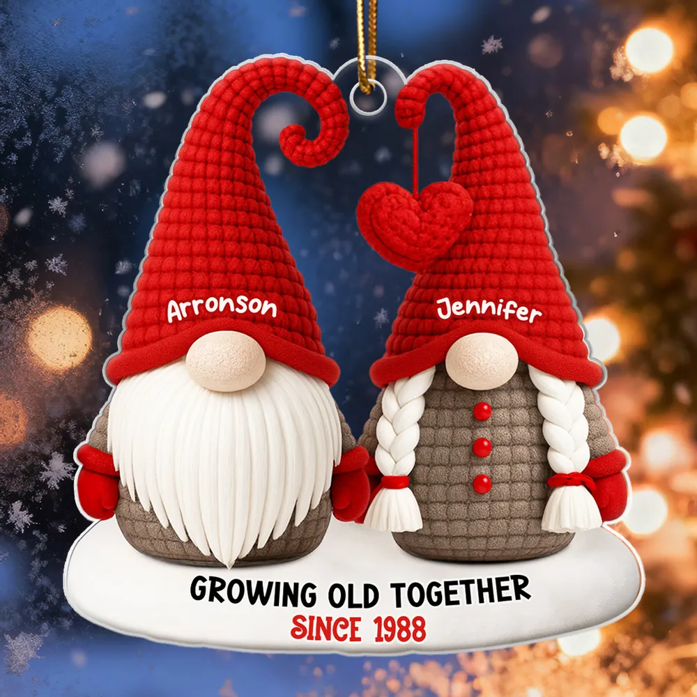 Personalized Acrylic Ornament with Cute Gnome Couple and Heart - Christmas Tree Decor, Unique Gift for Couples - Image 2