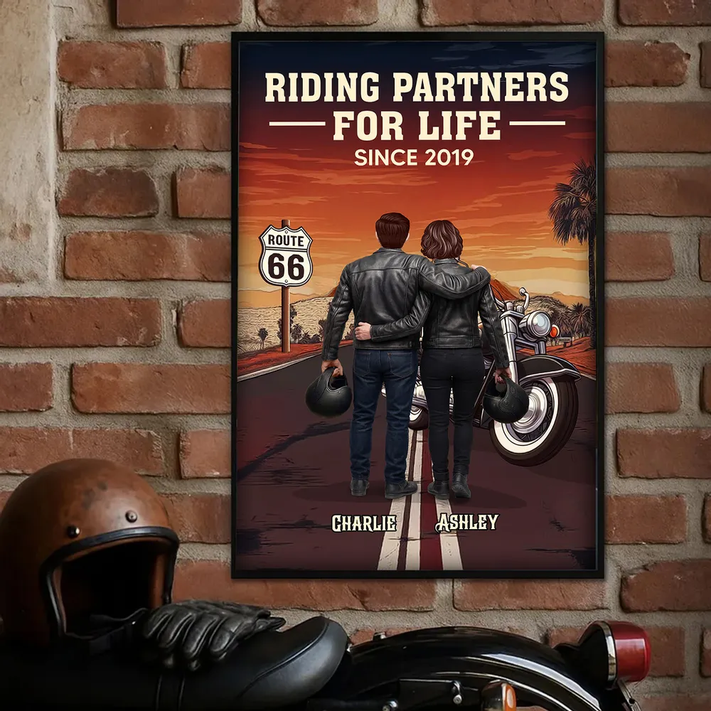 Riding Partners For Life Poster, Personalized Motorcycle Couple Road Trip Sunset Decor, Creative Gift for Him & Her - Image 4
