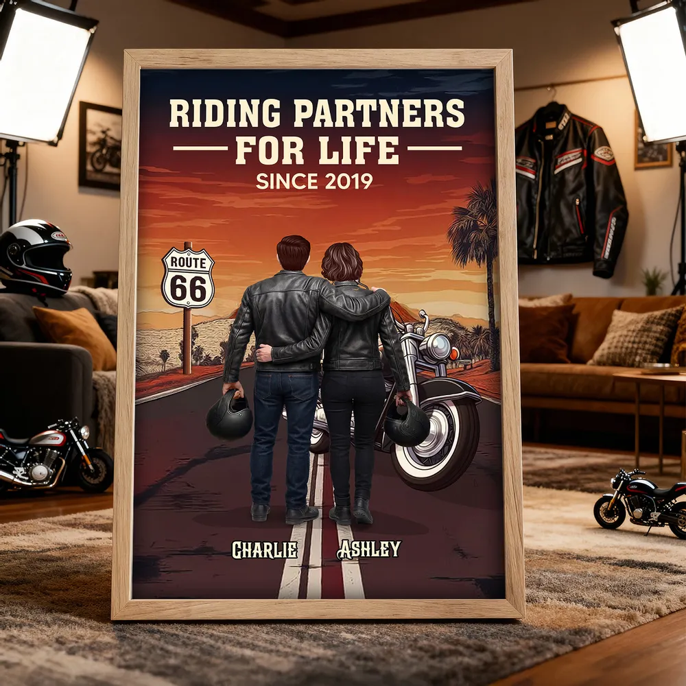 Riding Partners For Life Poster, Personalized Motorcycle Couple Road Trip Sunset Decor, Creative Gift for Him & Her - Image 5