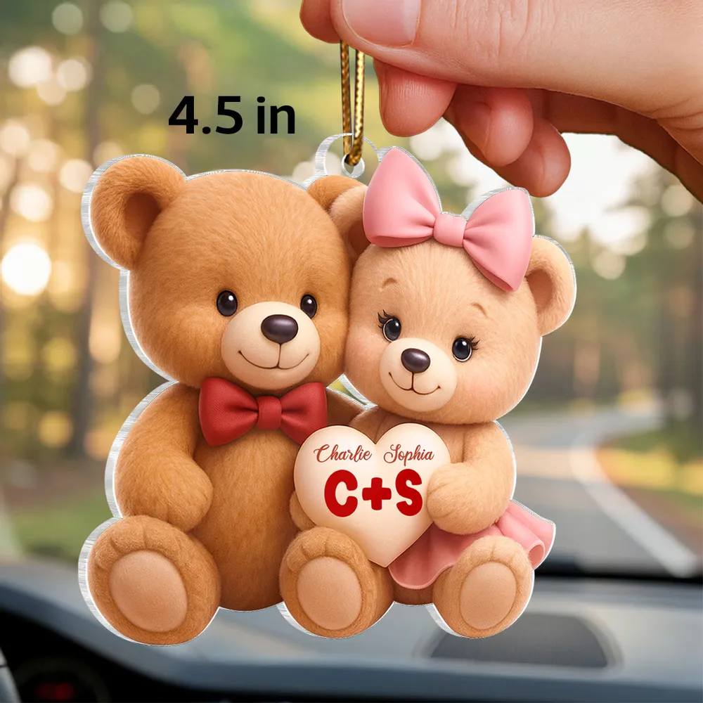 Cute Teddy Bear Couple Acrylic Car Hanger - Personalized Rearview Mirror Decoration, Sweet Anniversary Gift - Image 2
