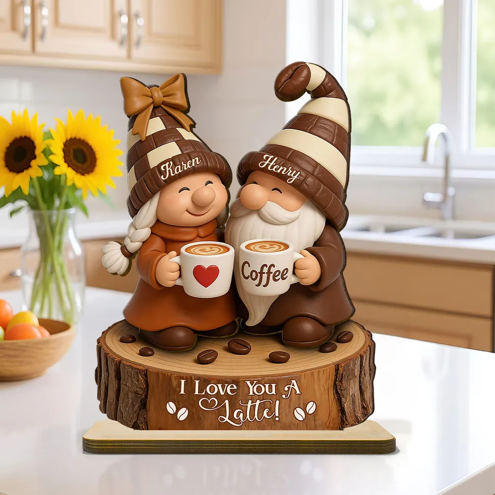Personalized Wooden Plaque with Cute Coffee Gnomes, Rustic Countertop Decor, Unique Couple Gift for Growing Old Together - Image 2