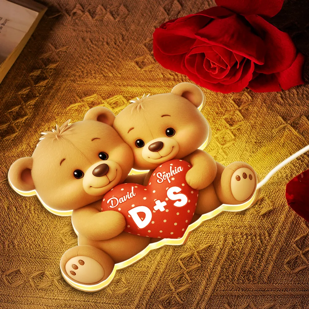 Personalized Acrylic Light Box Cute Bear Couple Holding a Heart Bedroom Lamp with Warm Glow Unique Gift for Couples - Image 4