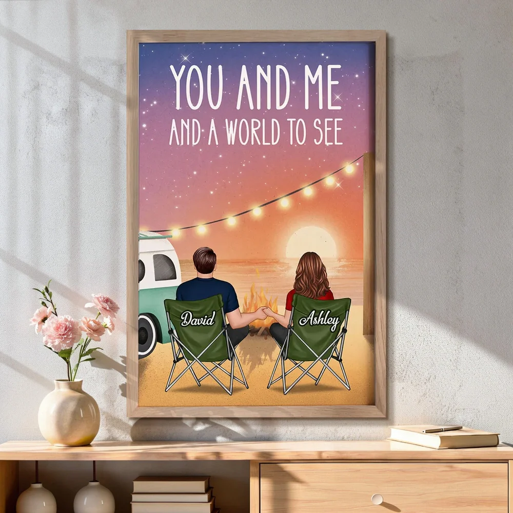 Romantic Personalized Poster of a Couple Holding Hands by a Beach Campfire, Starry Sunset Wall Art, Unique Gift for Couples